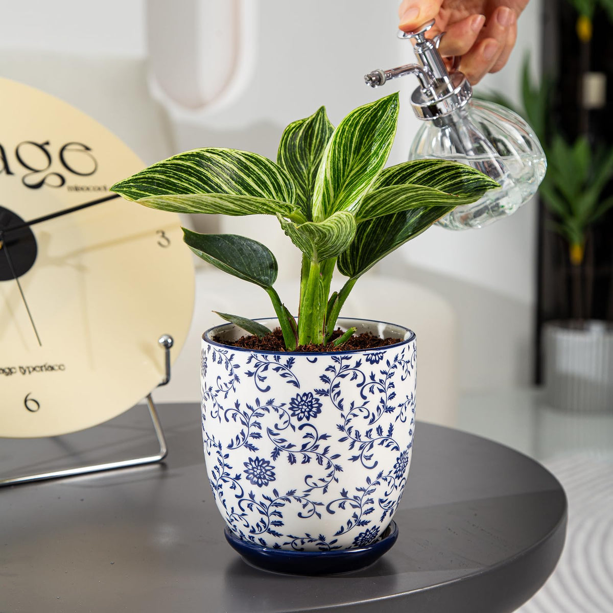 Vintage Blue Succulent Pots with Saucers, Set of 4