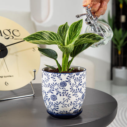 Vintage Blue Succulent Pots with Saucers, Set of 4