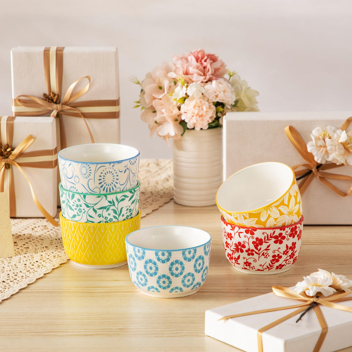 Floral Ceramic Ramekins, Set of 6