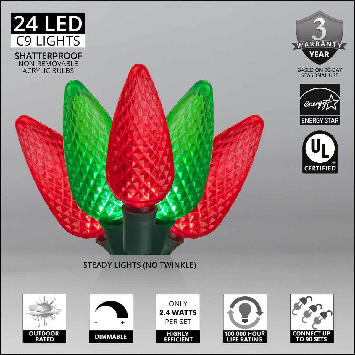 Blue C9 LED Christmas Light Set, 25 Bulbs