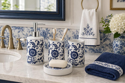 Blue and White Chinoiserie Bathroom Set, 4 Pieces