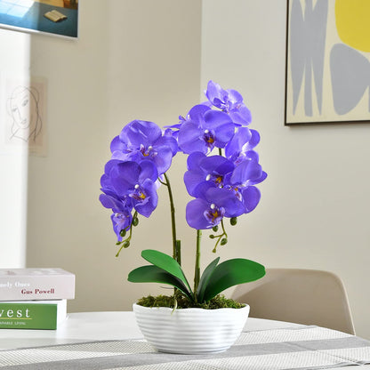 Faux Orchid in Navy Ribbed Ceramic Pot