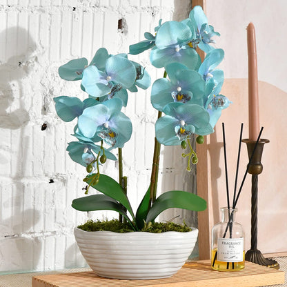 Faux Orchid in Navy Ribbed Ceramic Pot