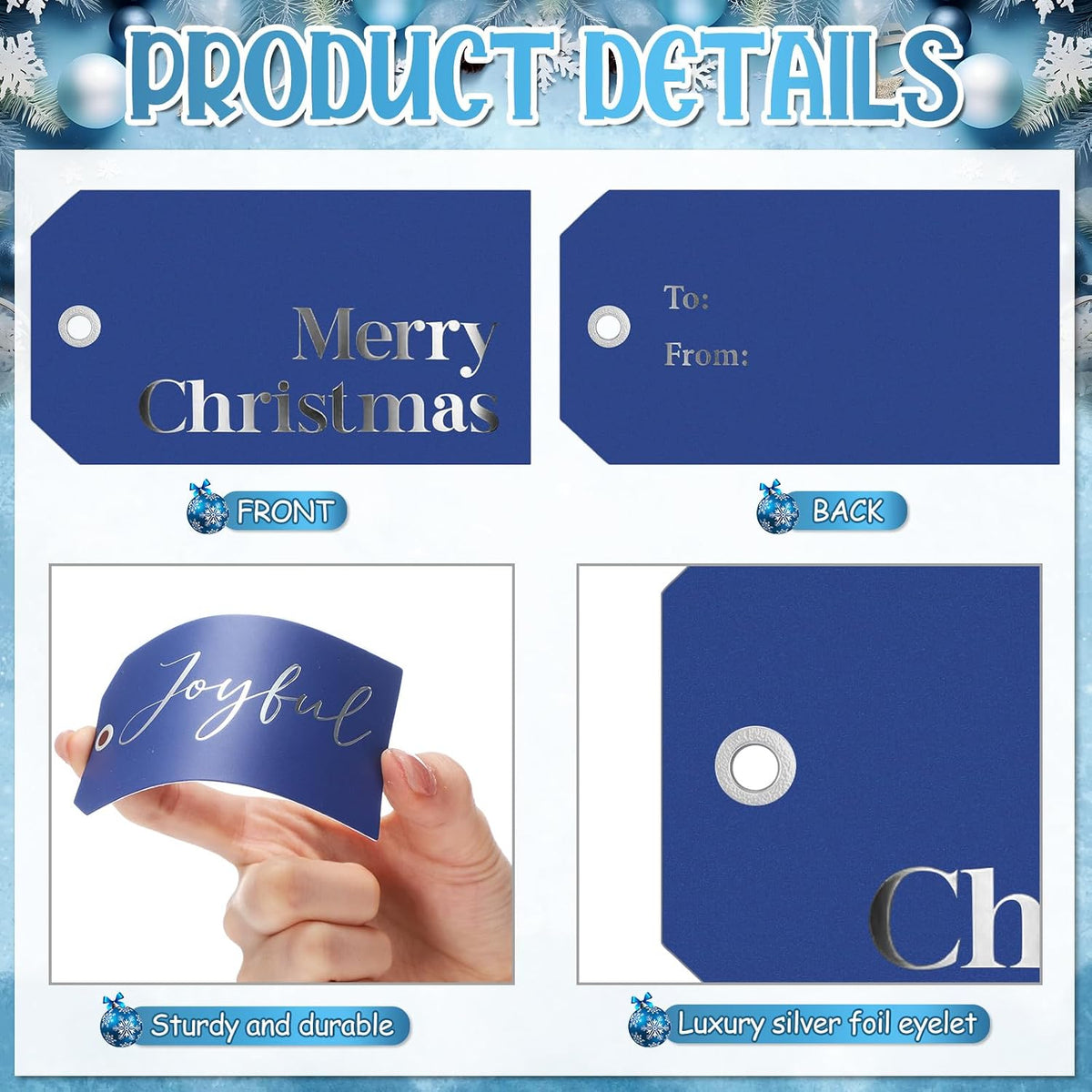 Christmas Gift Tags with Ribbon, 100 Pack, Blue and Silver