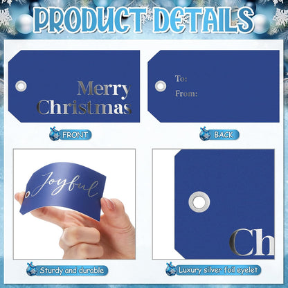 Christmas Gift Tags with Ribbon, 100 Pack, Blue and Silver