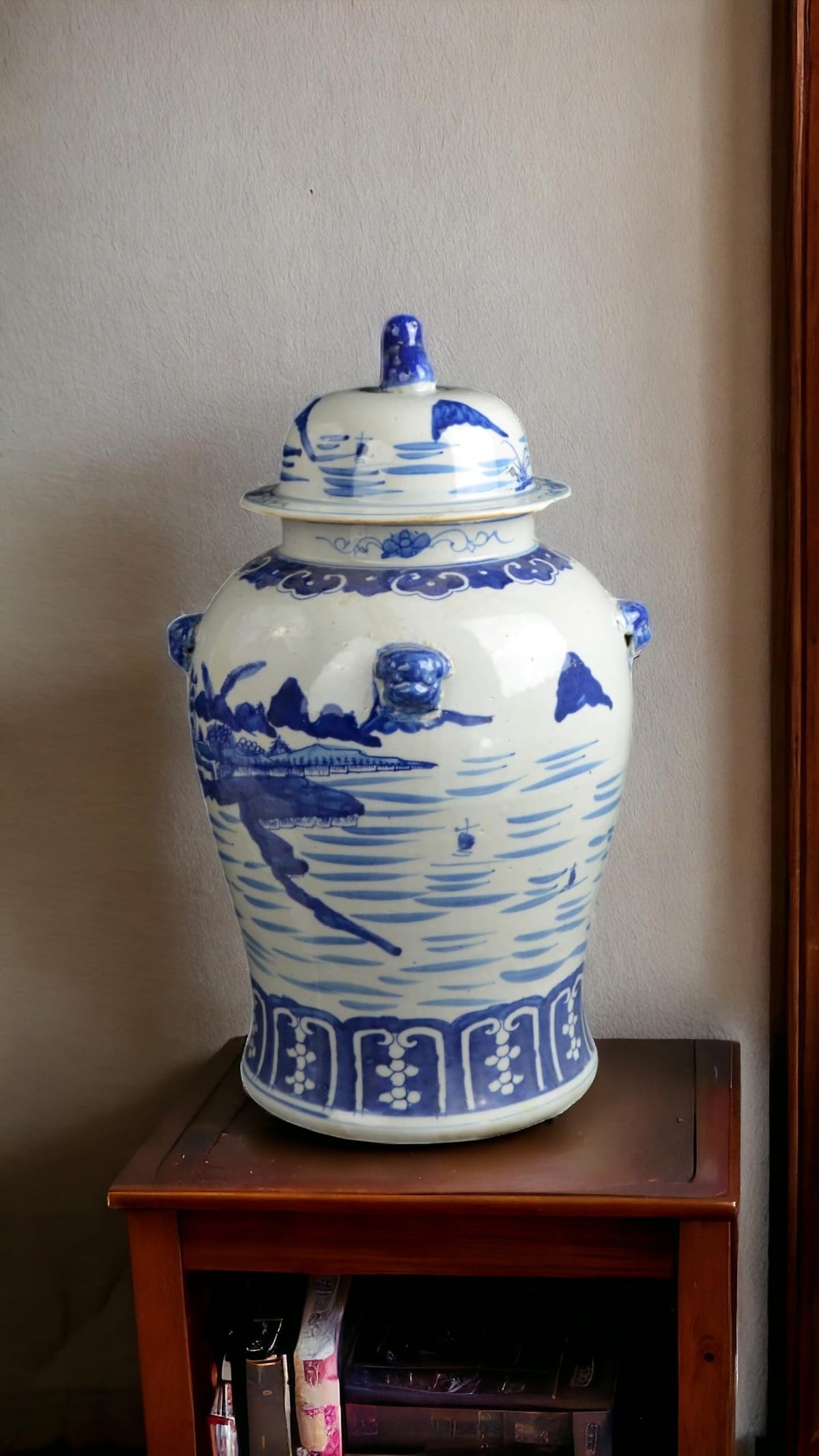 Blue and White Lotus Ginger Jar, 19 Inch