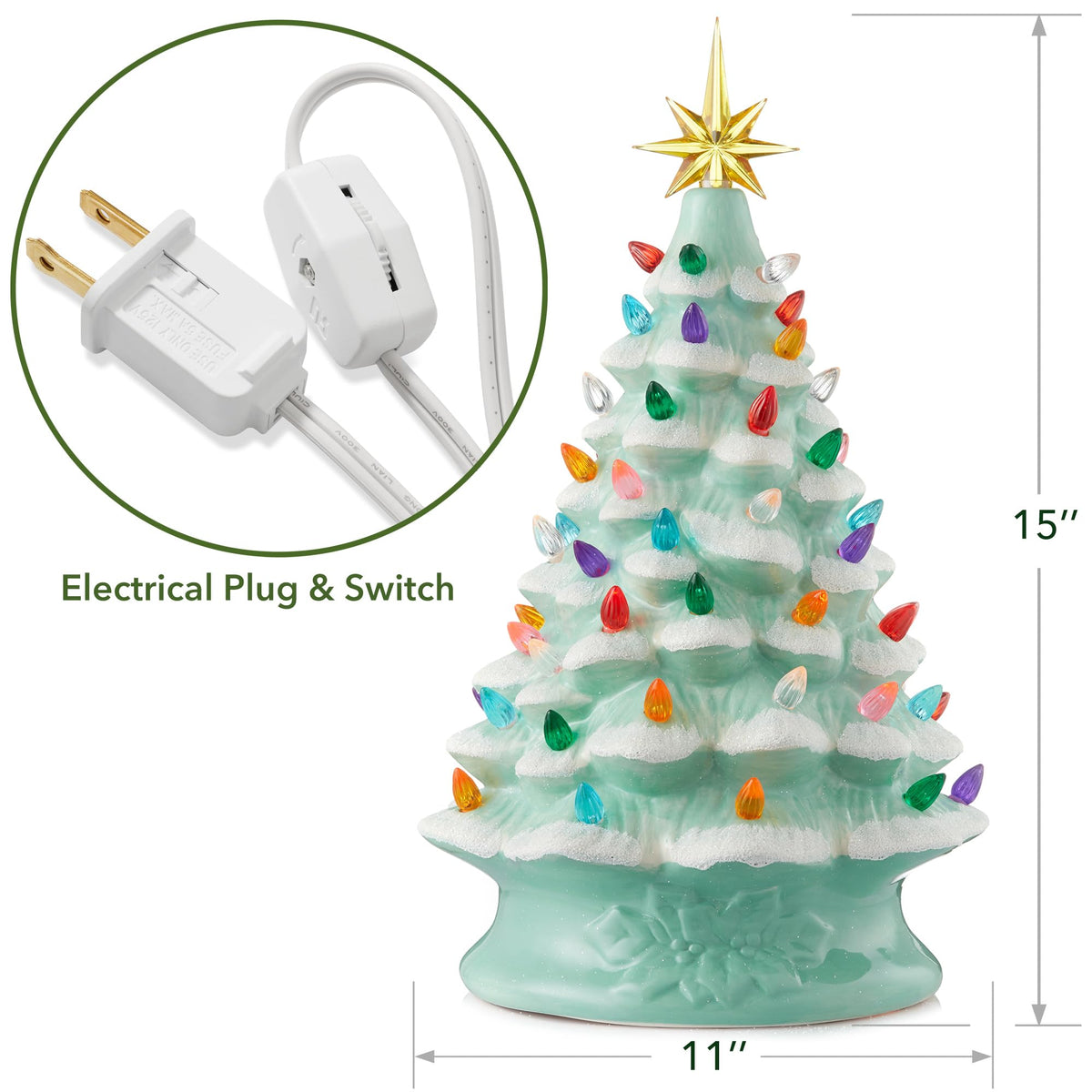 Hand Painted Ceramic Christmas Tree, 15 Inch Pre-Lit