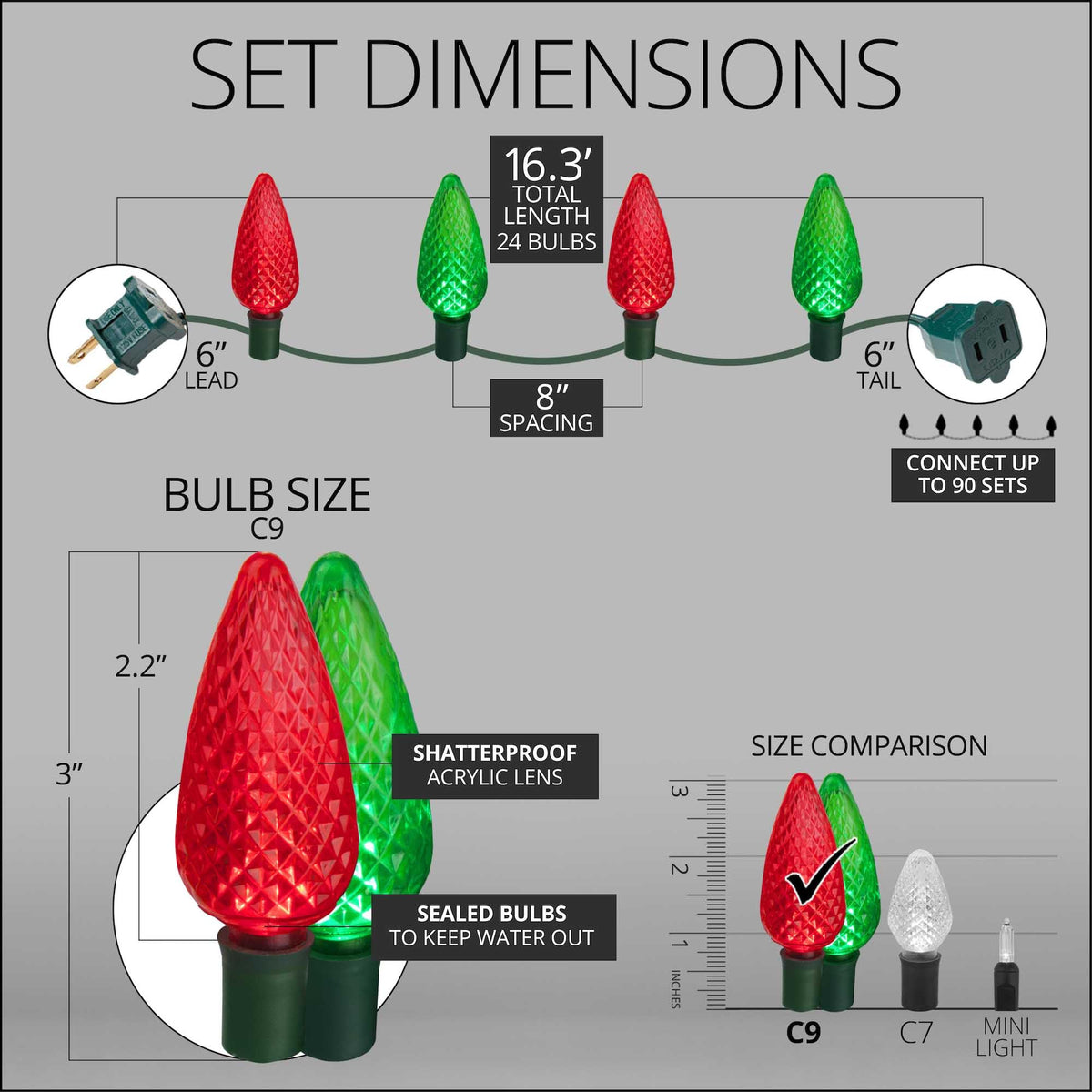 Blue C9 LED Christmas Light Set, 25 Bulbs