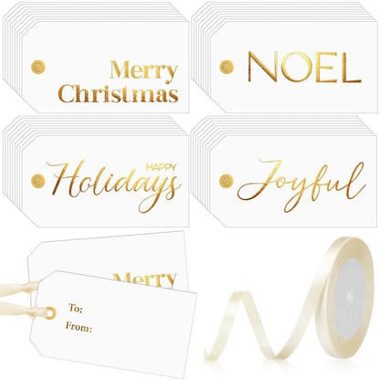 Christmas Gift Tags with Ribbon, 100 Pack, Blue and Silver