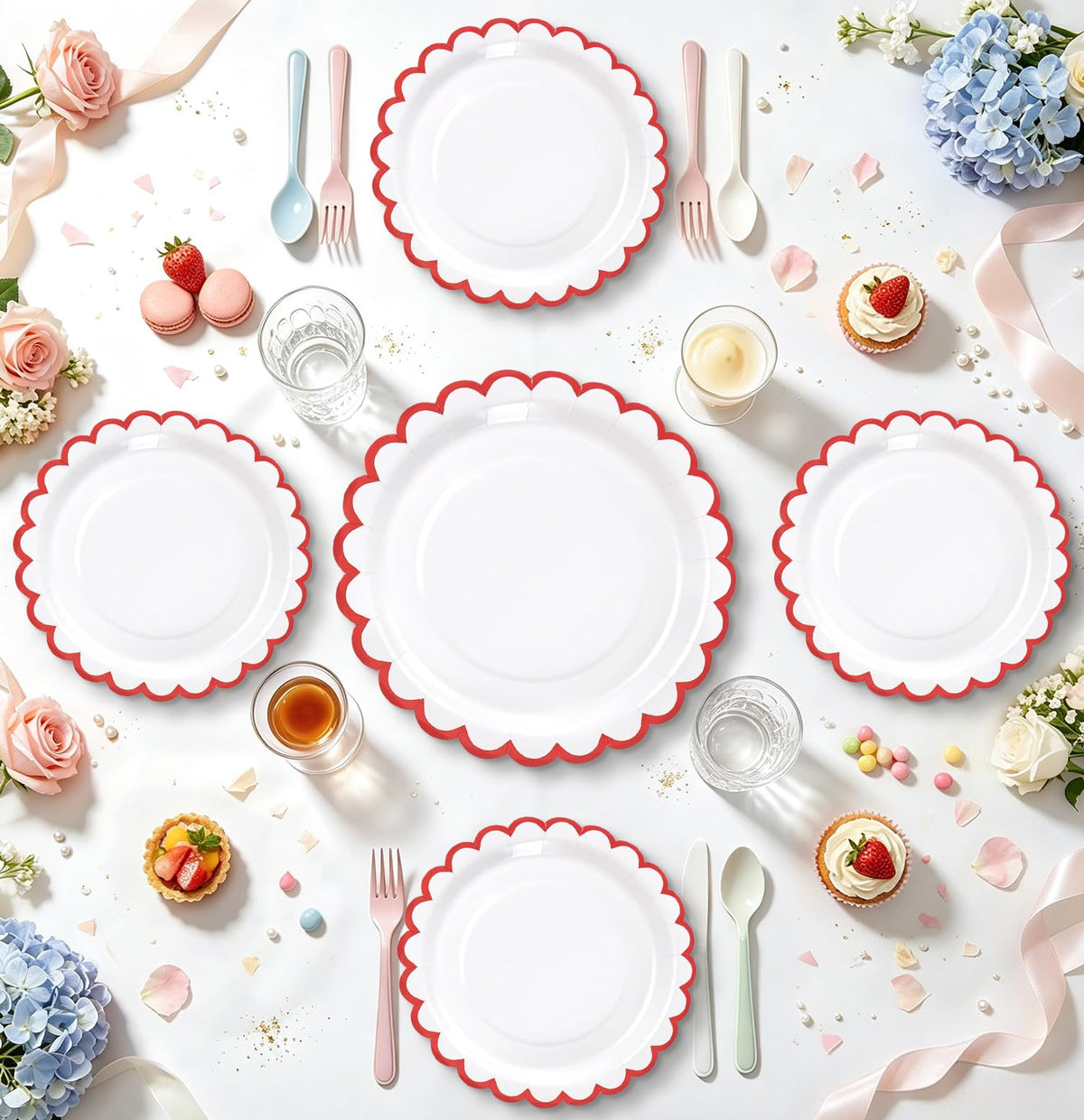 White Scalloped Paper Plates, Royal Blue Trim, 50 Pack