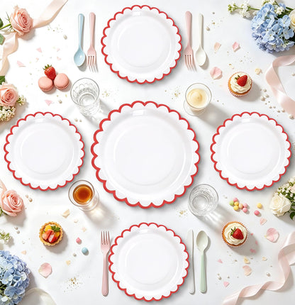 White Scalloped Paper Plates, Royal Blue Trim, 50 Pack