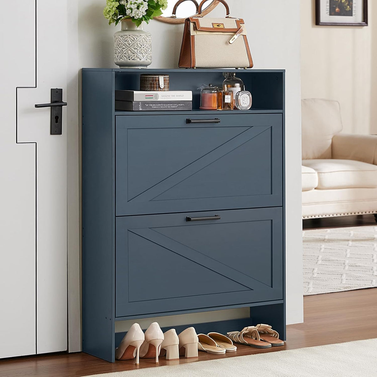 Blue Narrow Shoe Cabinet with 2 Flip Drawers