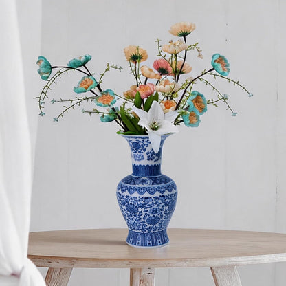 Blue and White Chinoiserie Trumpet Vase, 10 Inch
