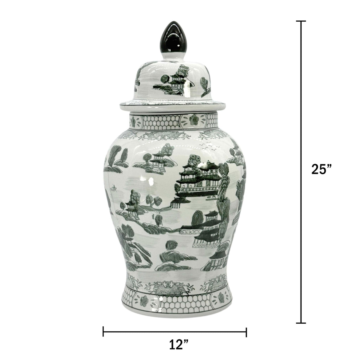 Large 25 Inch Blue and White Chinoiserie Temple Jar