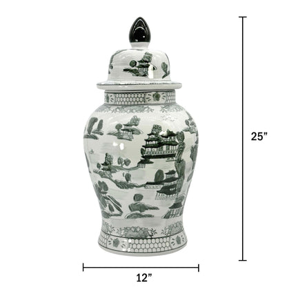 Large 25 Inch Blue and White Chinoiserie Temple Jar
