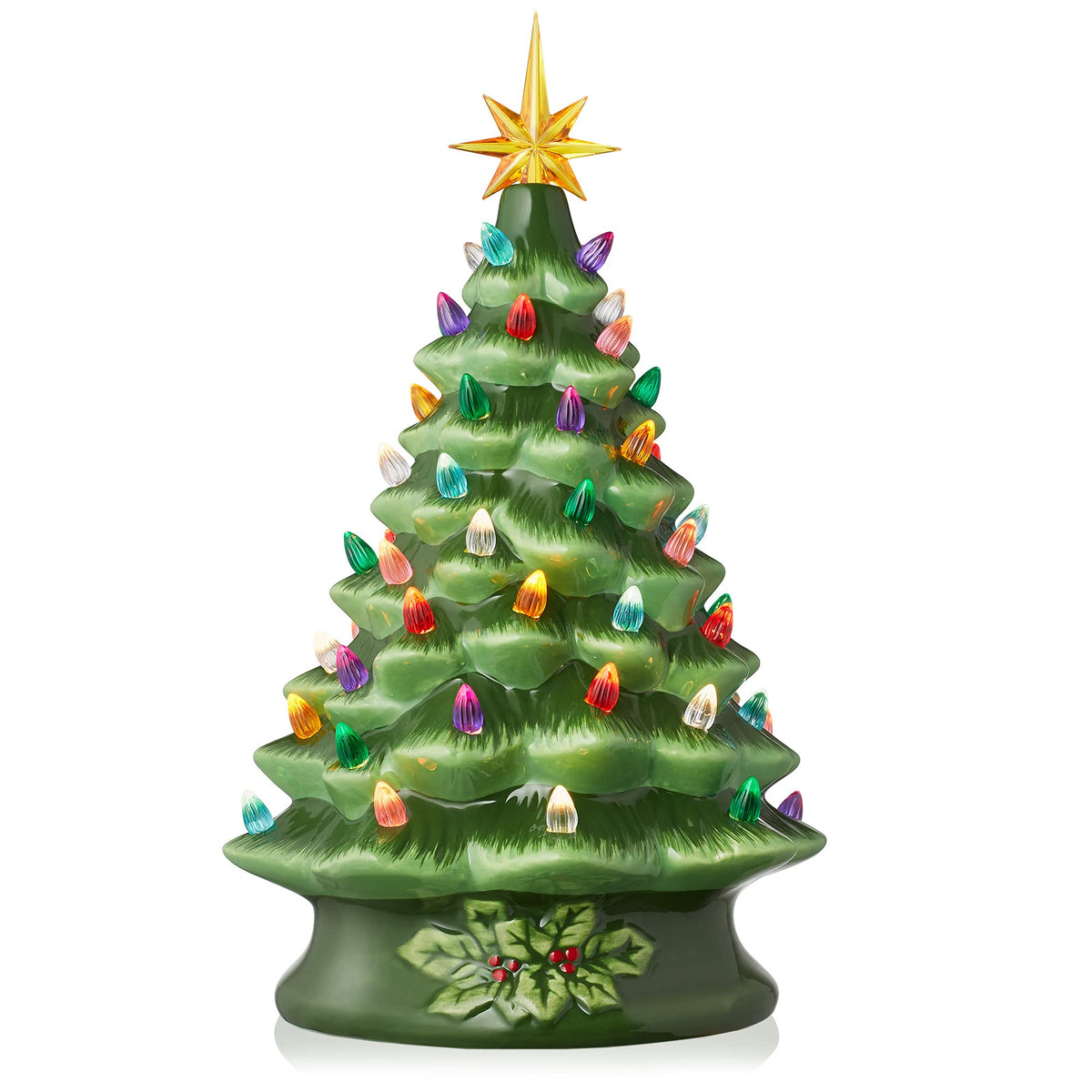 Hand Painted Ceramic Christmas Tree, 15 Inch Pre-Lit