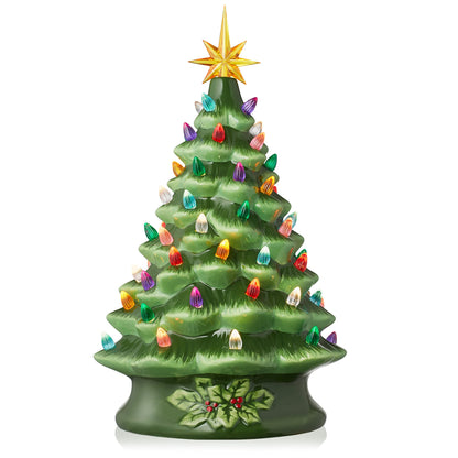 Hand Painted Ceramic Christmas Tree, 15 Inch Pre-Lit