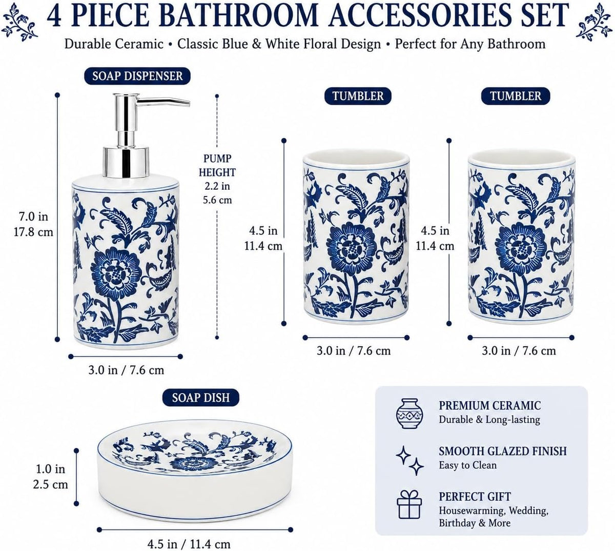 Blue and White Chinoiserie Bathroom Set, 4 Pieces