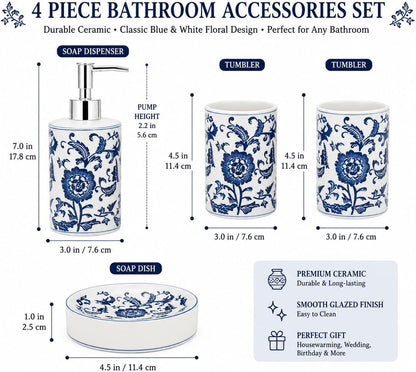 Blue and White Chinoiserie Bathroom Set, 4 Pieces