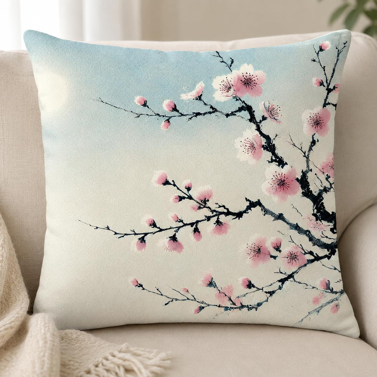 Blue Chinoiserie Bird and Peony Pillow Cover, 18x18