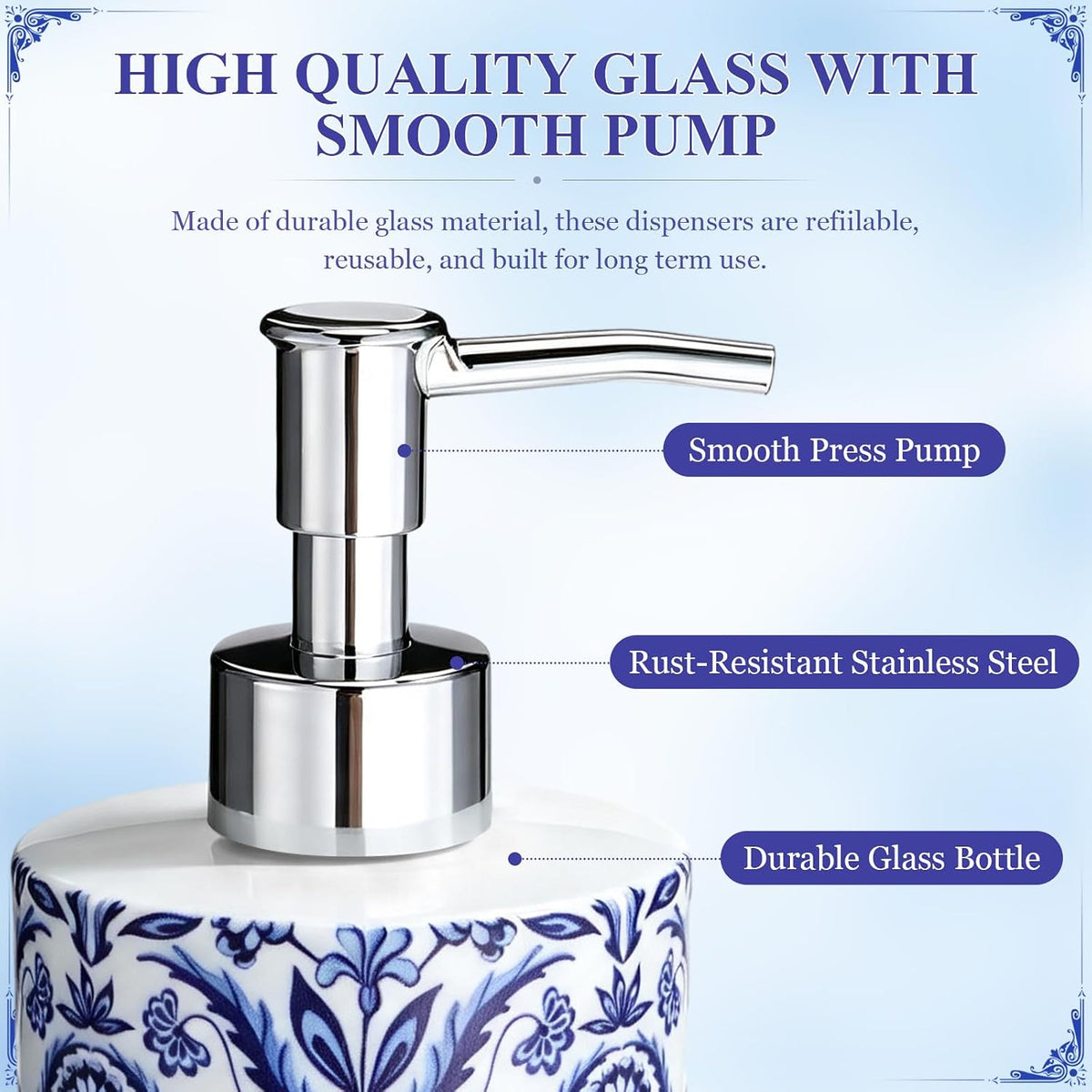 Blue and White Chinoiserie Soap Dispensers with Tray, Set of 2