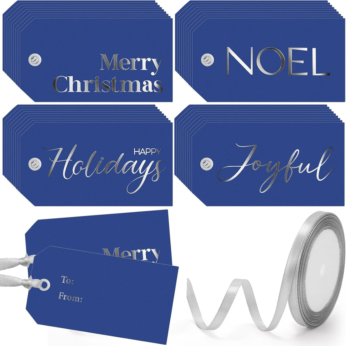 Christmas Gift Tags with Ribbon, 100 Pack, Blue and Silver