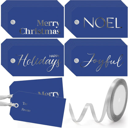 Christmas Gift Tags with Ribbon, 100 Pack, Blue and Silver