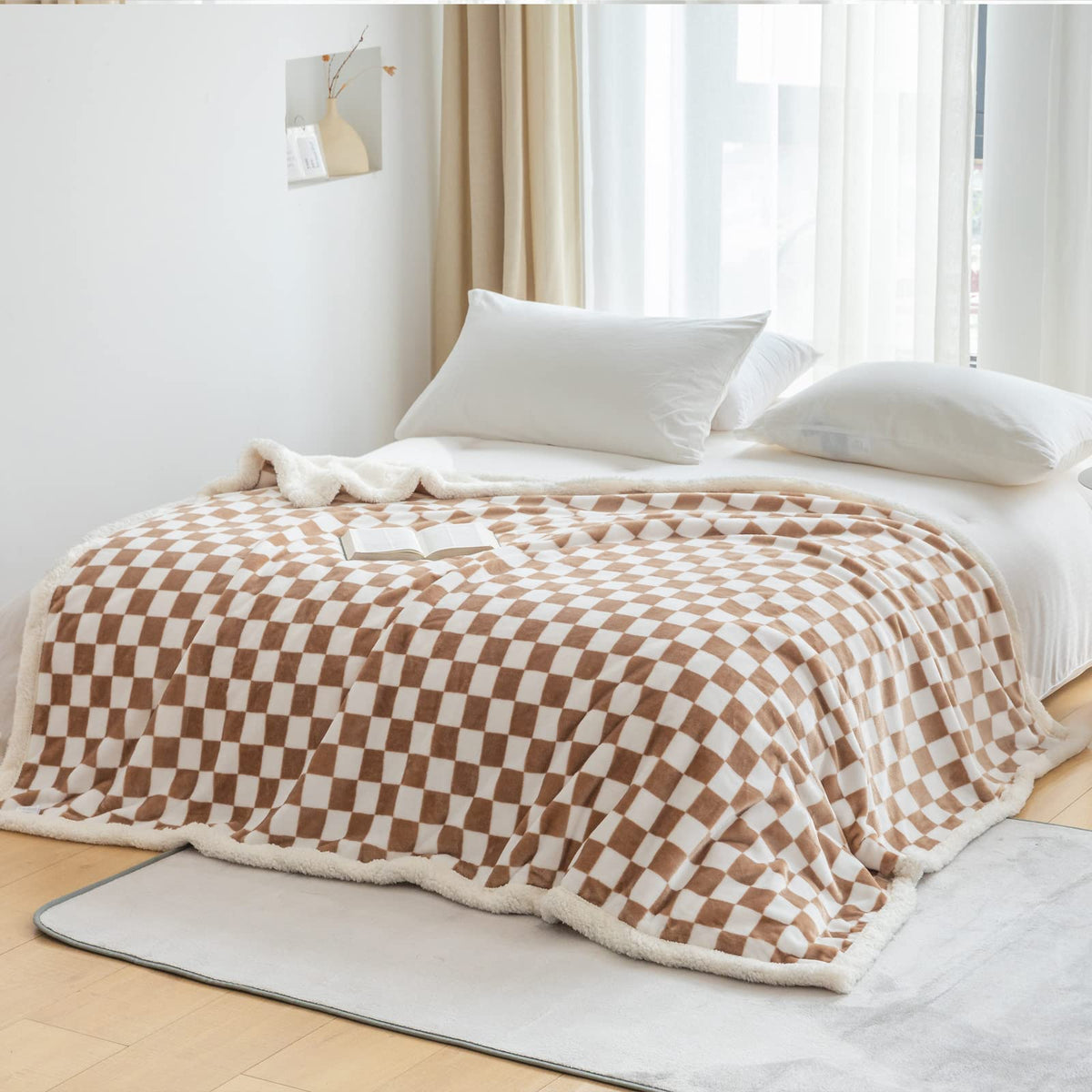 Navy Checkered Sherpa Throw Blanket