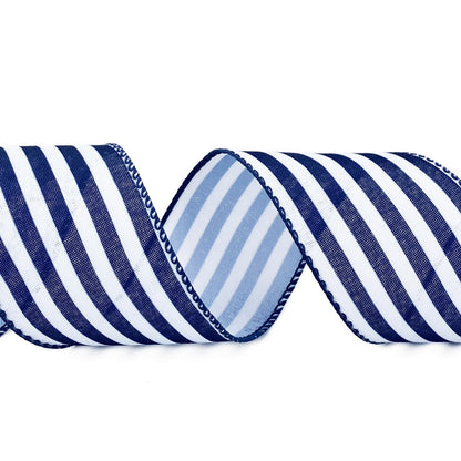Royal Blue and White Striped Wired Ribbon, 2.5 Inch