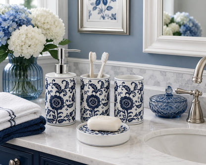Blue and White Chinoiserie Bathroom Set, 4 Pieces