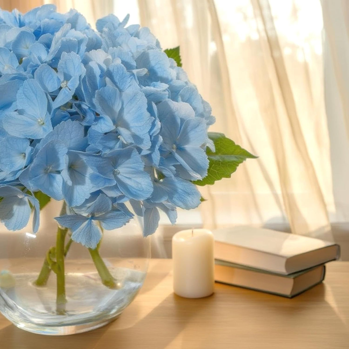 Blue Faux Hydrangea Arrangement in Glass Vase