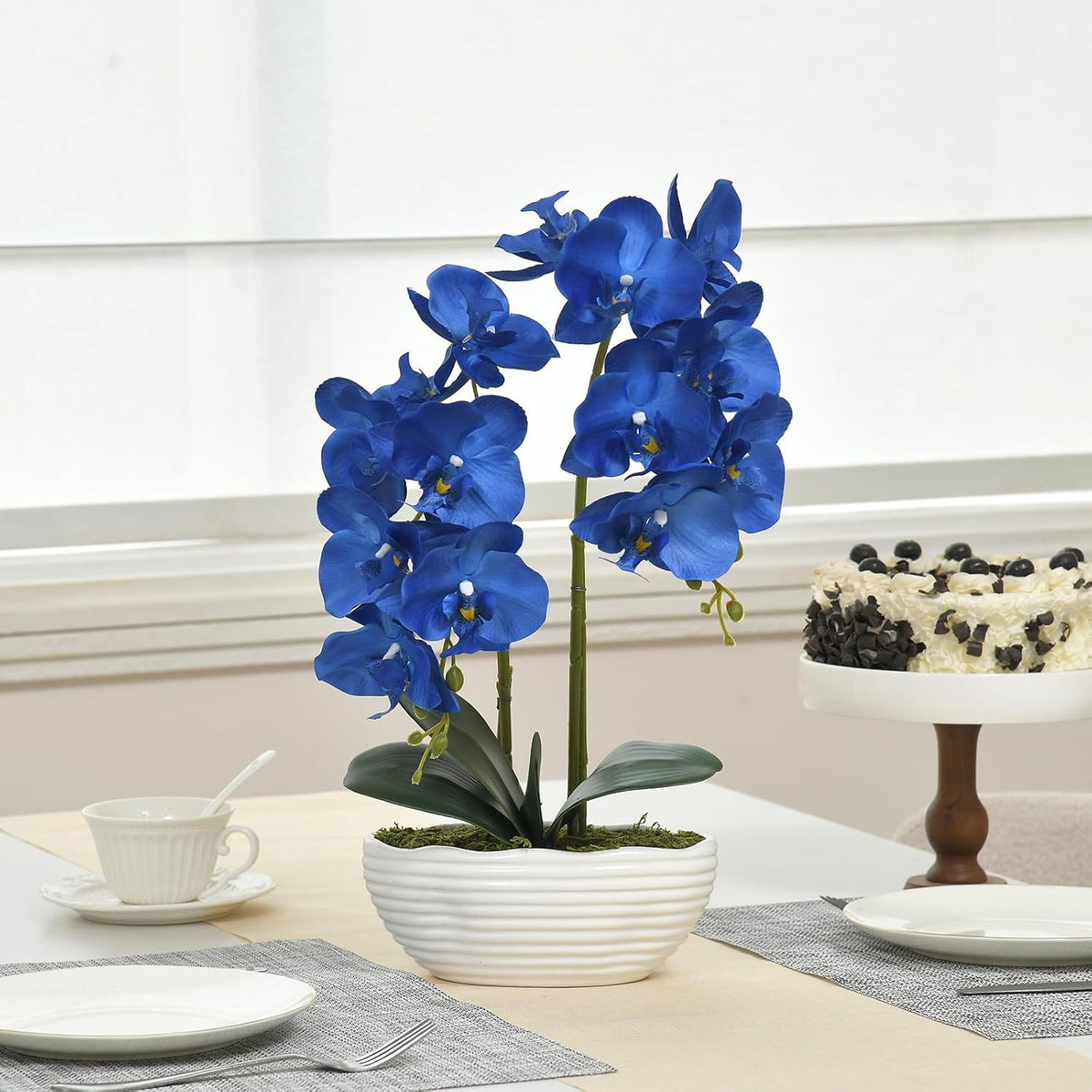 Faux Orchid in Navy Ribbed Ceramic Pot