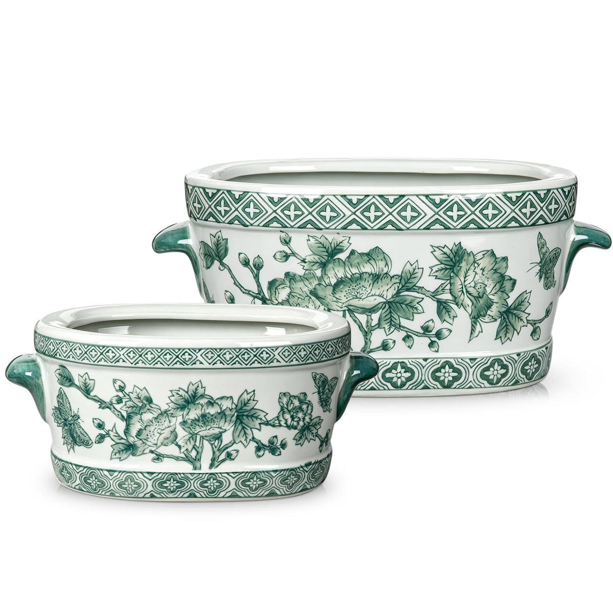 Blue Floral Oval Ceramic Cachepot, 10.6 in