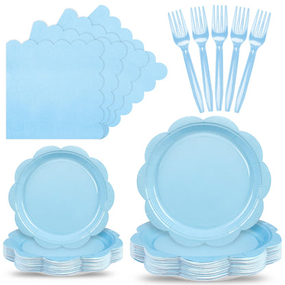 Blue Scalloped Paper Plates and Napkins, Serves 24