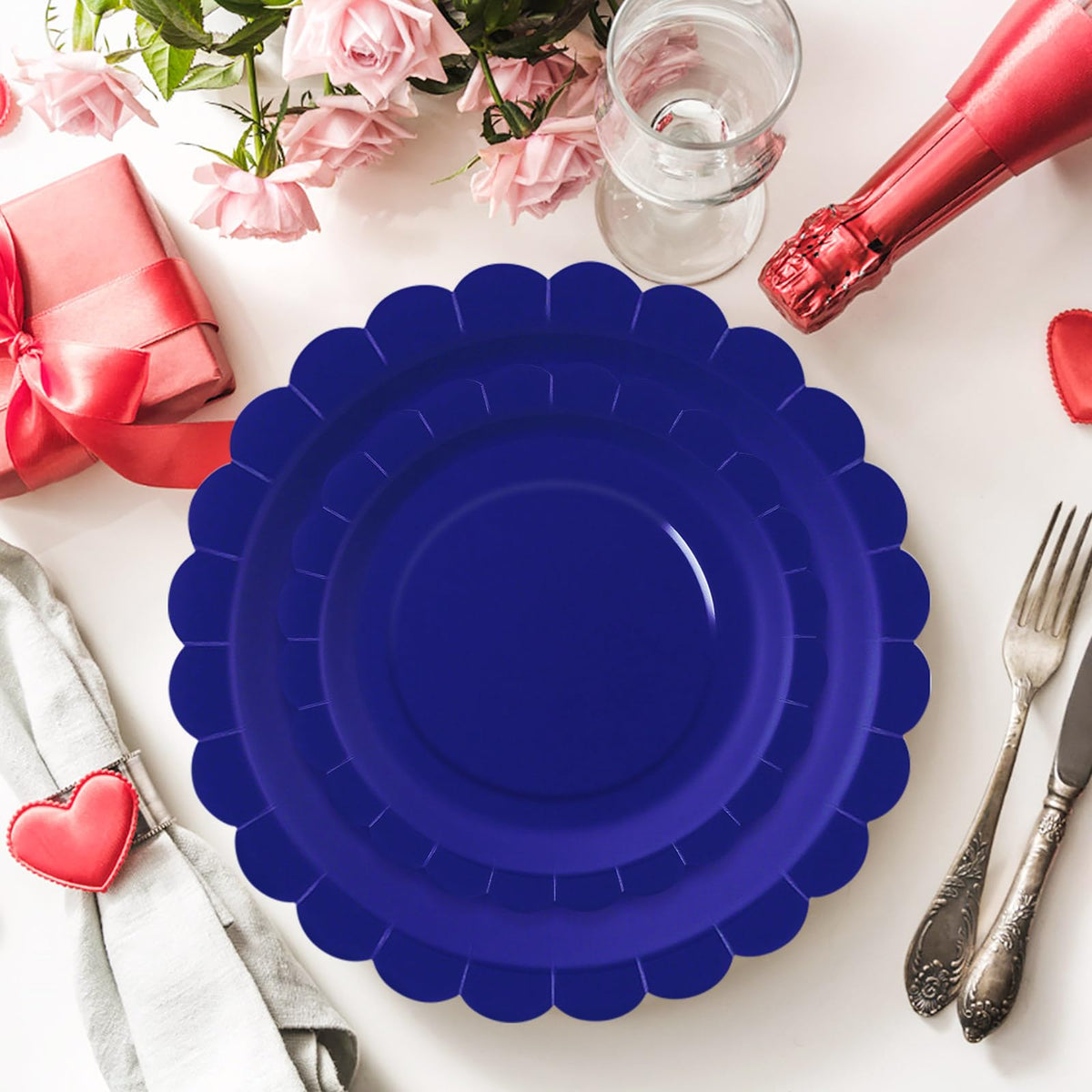 White Scalloped Paper Plates, Royal Blue Trim, 50 Pack