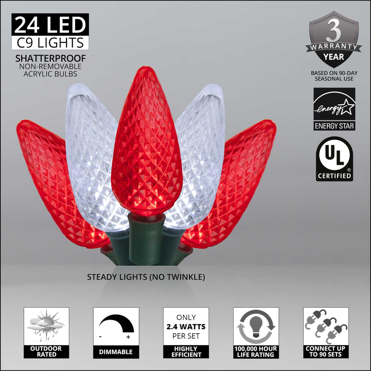 Blue C9 LED Christmas Light Set, 25 Bulbs