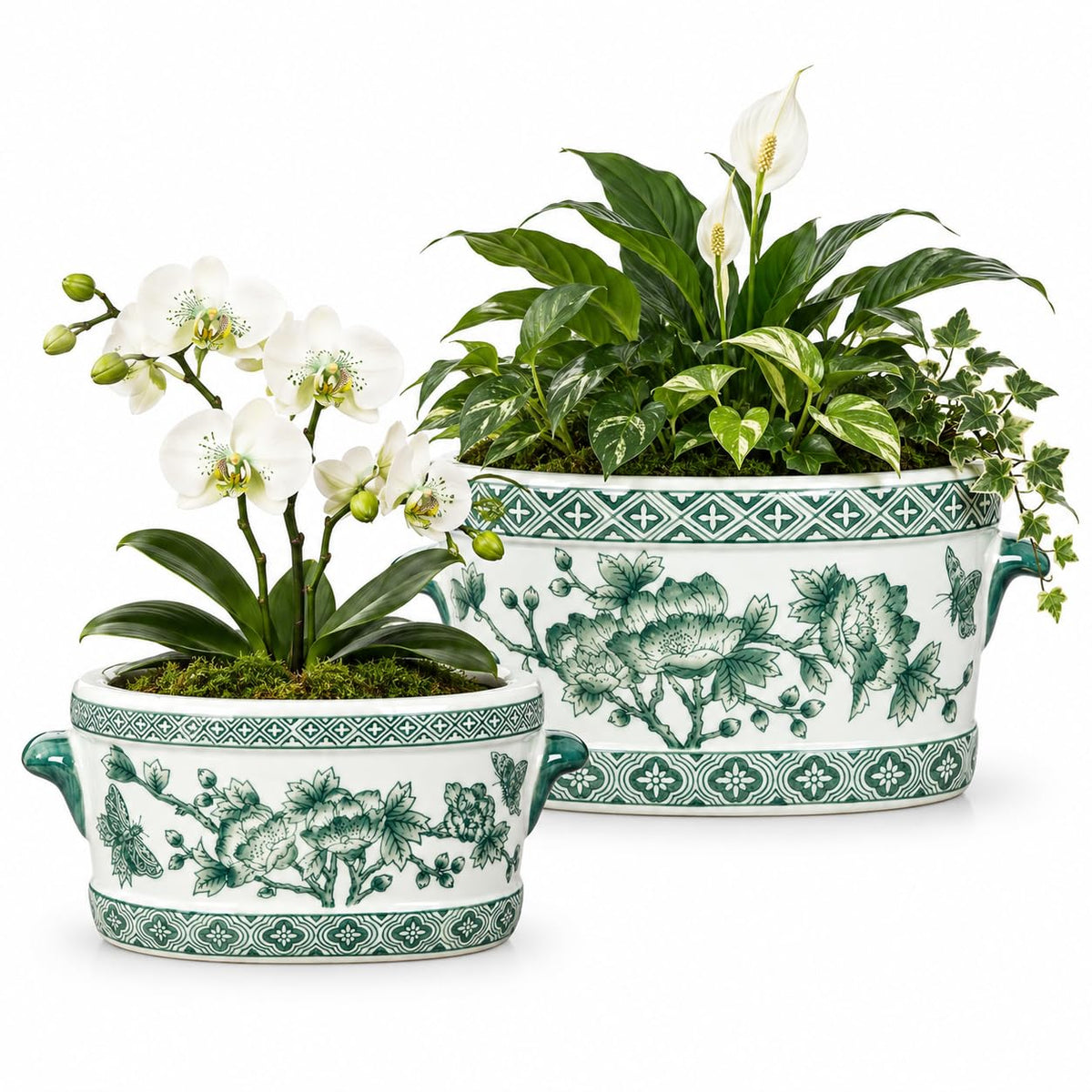Blue Floral Oval Ceramic Cachepot, 10.6 in