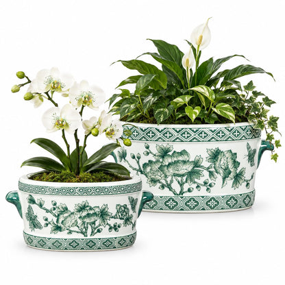 Blue Floral Oval Ceramic Cachepot, 10.6 in