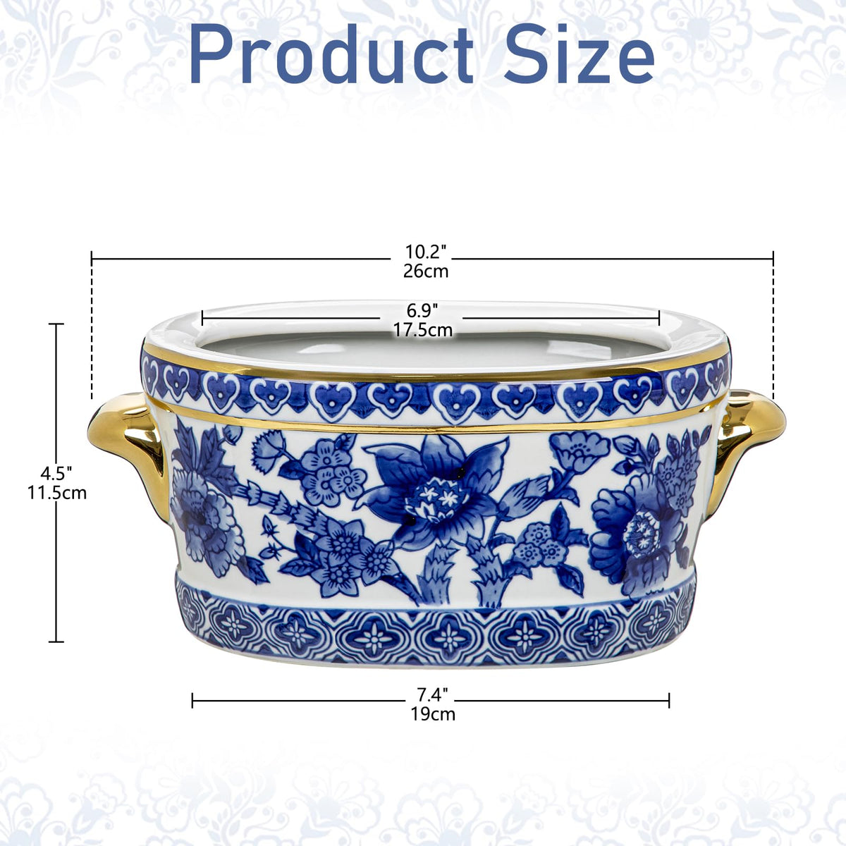 Blue Floral Oval Ceramic Cachepot, 10.6 in