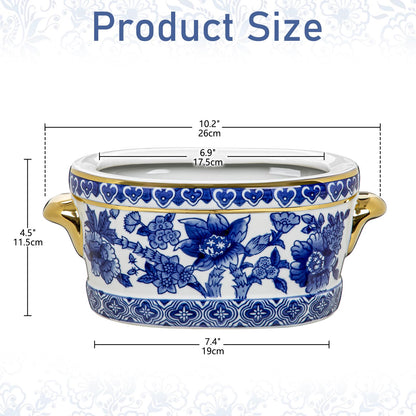Blue Floral Oval Ceramic Cachepot, 10.6 in