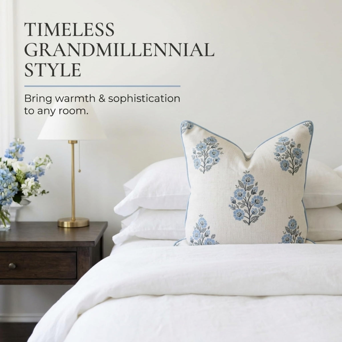 Camille Blue Floral Block Print Pillow Cover