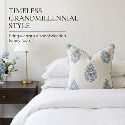 Camille Blue Floral Block Print Pillow Cover