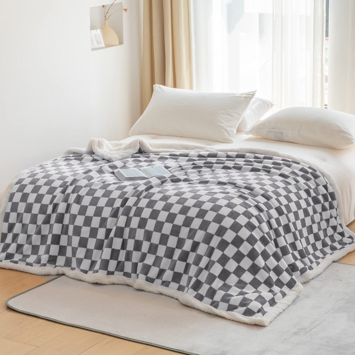 Navy Checkered Sherpa Throw Blanket
