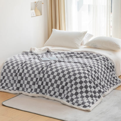 Navy Checkered Sherpa Throw Blanket