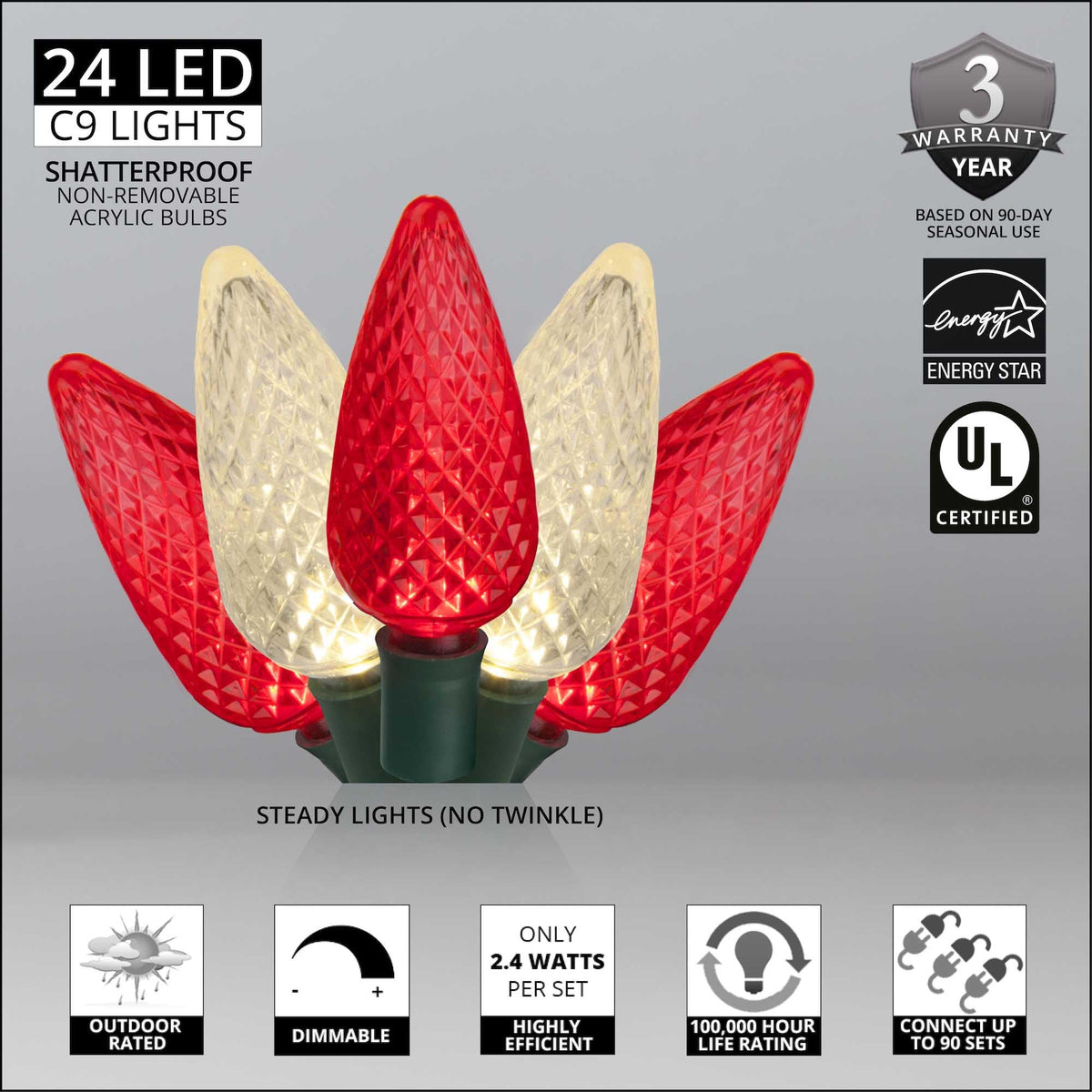Blue C9 LED Christmas Light Set, 25 Bulbs