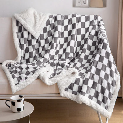 Navy Checkered Sherpa Throw Blanket