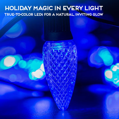 Blue C9 Faceted LED Christmas Bulbs, Set of 25