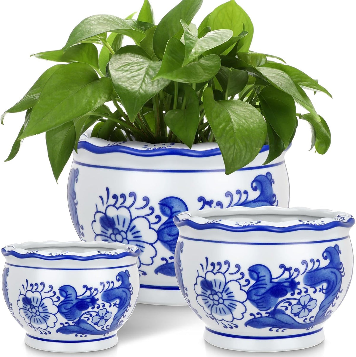 Blue and White Chinoiserie Planters with Saucers, Set of 3