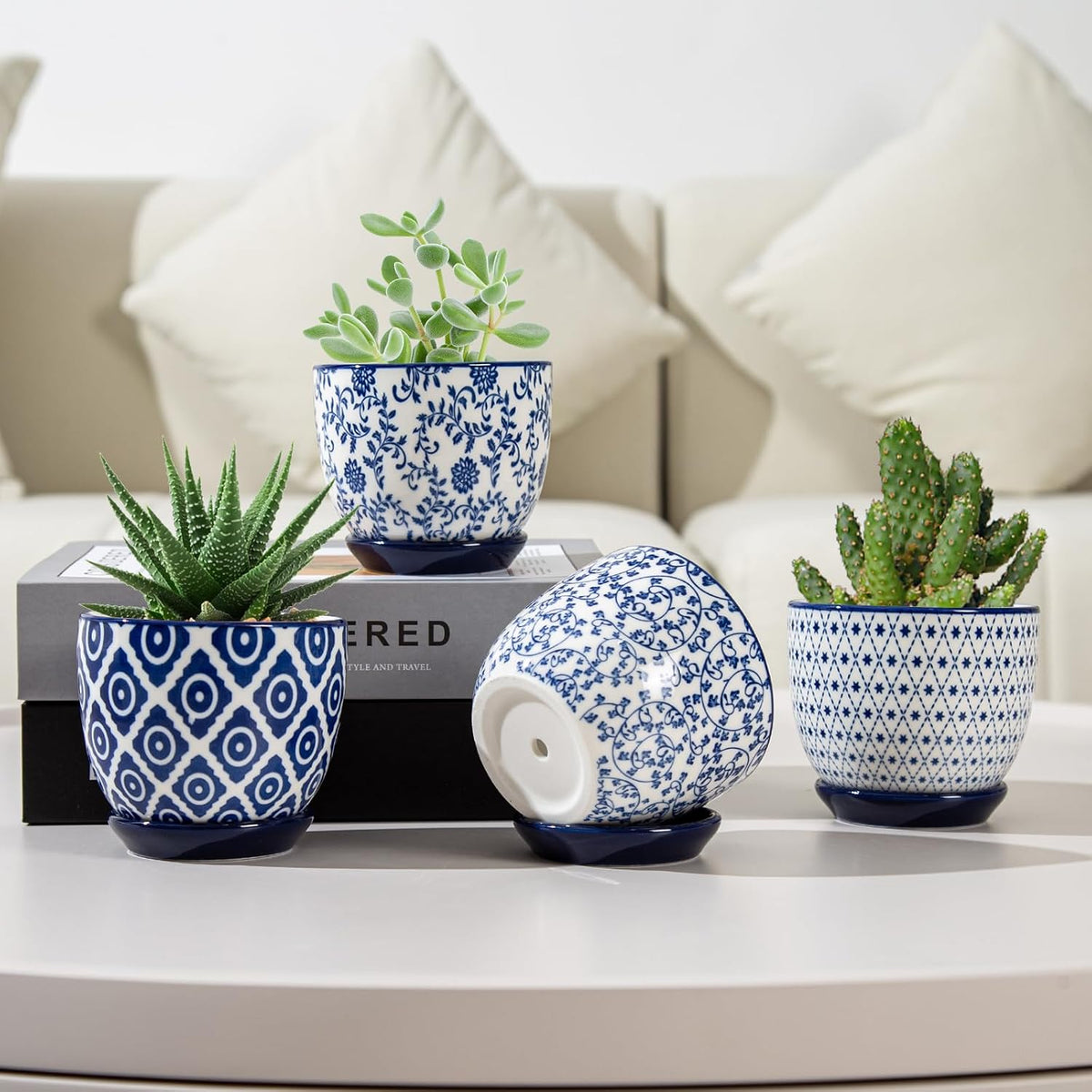 Vintage Blue Succulent Pots with Saucers, Set of 4
