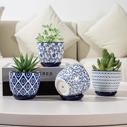 Vintage Blue Succulent Pots with Saucers, Set of 4